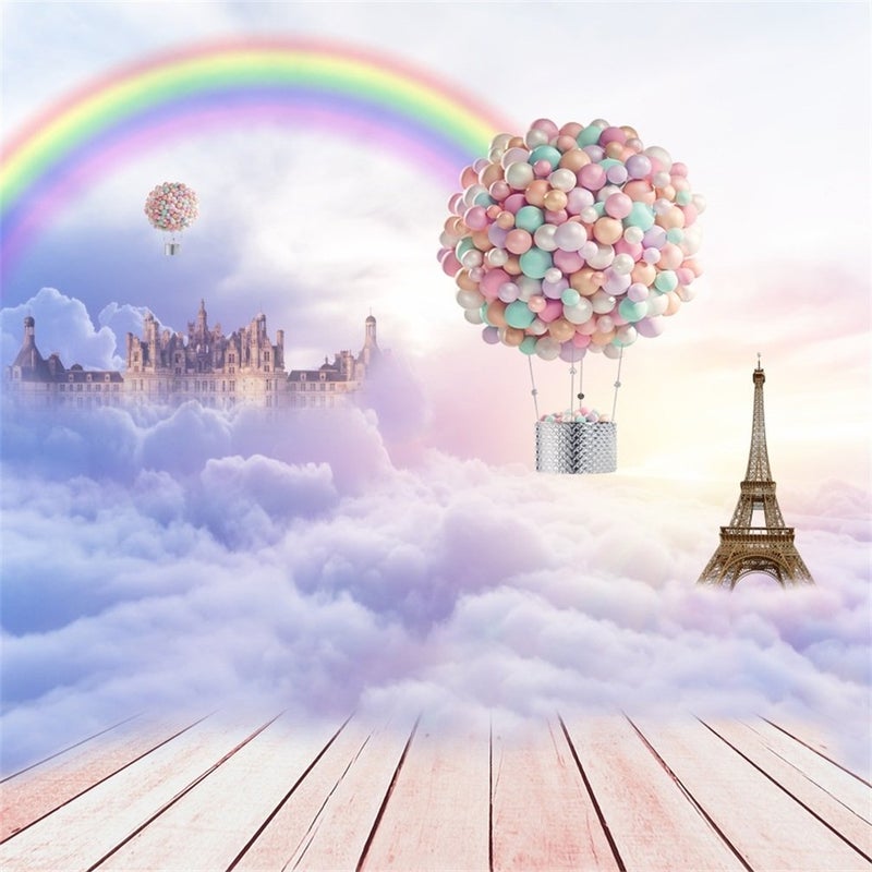 AOFOTO 6x6ft Pastel Rainbow Hot Air Balloon Backdrop for Photography Fantasy Castle Eiffel Tower Decor Clouds Wooden Floor Dreamy Paris Theme Background Baby Shower Kids Birthday Photo Shoot Props - Image 1